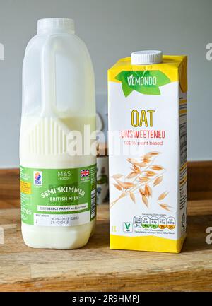 Carton of semi skimmed milk and a carton of Vemondo unsweetened plant based oat milk Stock Photo