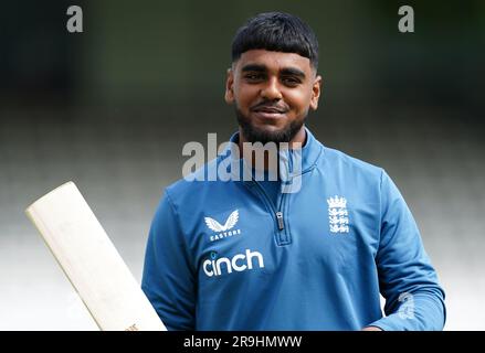 England's Rehan Ahmed during a nets session at Lord's Cricket Ground, London. Picture date: Tuesday June 27, 2023. Stock Photo