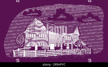 Farm house and ranch property in countryside landscape drawing in woodcut style on contrast background Stock Vector