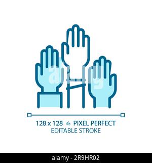 Pixel perfect blue icon of people with hands raised Stock Vector