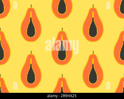 Papaya seamless pattern on a yellow background. Half cut papaya with seeds in flat style. Design for printing on paper and fabric, banners and posters Stock Vector