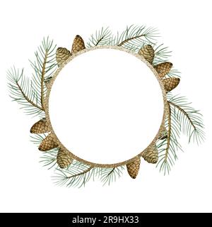 Spruce branches and pine cones Christmas wreath watercolor illustration with round gold frame. Holiday template Stock Photo