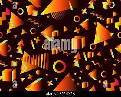 3D geometric seamless pattern in 80s style. 3d isometric shapes with gradient colors. Geometric memphis style. Design for promotional products, wrappi Stock Vector