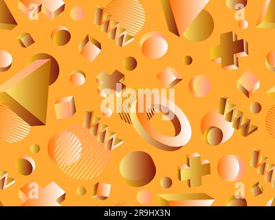 3D geometric seamless pattern in 80s style. 3d isometric shapes with gradient colors. Geometric memphis style. Design for promotional products, wrappi Stock Vector