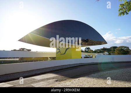 CURITIBA, BRAZIL - APRIL 24, 2023: Oscar Niemeyer Museum at sunset, Curitiba, Parana, Brazil Stock Photo