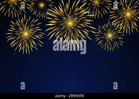 Bright golden fireworks on a dark blue background. Fireworks of gold in the night starry sky. Festive gold in the sky. Background for festive design Stock Vector