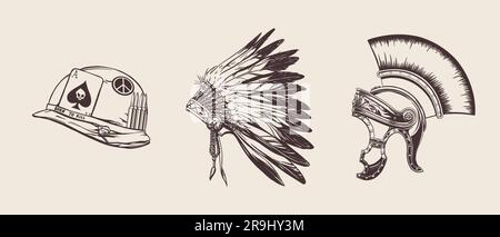 A set of headdresses of warriors from different times and countries in the hand drow style for printing and design.Vector illustration. Stock Vector