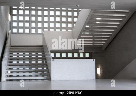 Concrete stairs in the hallway of an empty public access building. Modern architecture, bright interior space, no people. Stock Photo