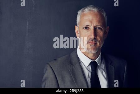 Mockup portrait of senior businessman, lawyer or attorney with serious face on dark background. Boss, ceo and professional business owner, mature Stock Photo