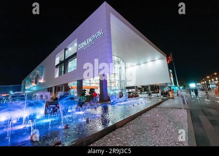 25 August 2022, Antalya, Turkey: Popular Ozdilek Shopping Mall in Kepez district at night. Famous Marketplace and trading retail store Stock Photo