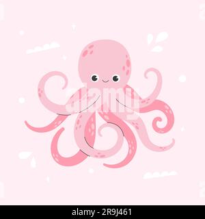 Cute smiling octopus isolated on pink background Stock Vector