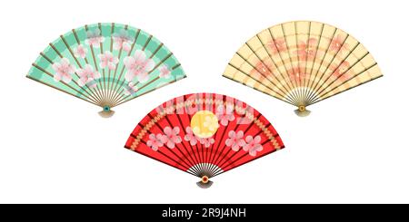 Colored Oriental Japan Fan Set Isolated on White Background. Vector illustration Stock Vector