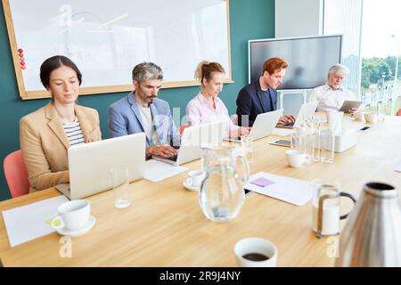 Team of business professionals using laptops in office Stock Photo