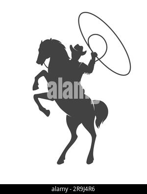 Cowboy on Horse with Lasso Silhouette Monochrome Emblem isolated on white. Vector illustration Stock Vector