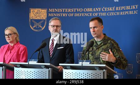 Prague, Cr. 27th June, 2023. Czechia provided 24 tanks, 76 infantry fighting vehicles and 645 anti-tank guided missiles to Ukraine from January to May, PM Petr Fiala (centre) told media at the Defence Ministry in Prague, Czech Republic, June 27, 2023. Minister Jana Cernochova (left) said there is still equipment in the army's stocks that can be sent to Kyiv, Ukraine. Czech Chief of the General Staff Karel Rehka (right) has been regularly evaluating the possibilities, Cernochova (Civic Democrats, ODS) said. Credit: Michal Kamaryt/CTK Photo/Alamy Live News Stock Photo