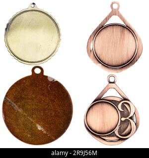 Collection of blank gold and bronze medals isolated on white background Stock Photo