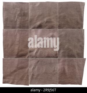 Collection of brown leather textures isolated on white background. Rough uneven edges. Square composite image of leather textures Stock Photo
