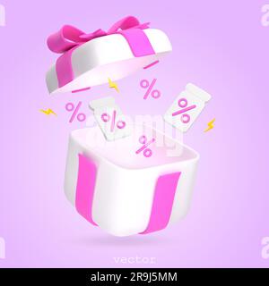 3d Open Gift Box with Pink Ribbon, Bow and Flying Gift Tag, Coupon, Percent Symbol. Concept of promotion, discount, sale, gift. Cartoon Style Vector R Stock Vector