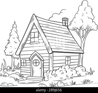 Hand drawn wooden village house. Sketch house with trees, bushes and herbs. Rustic cottage, cartoon, vector illustration Stock Vector