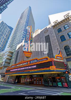 Paramount Theater, a Boston landmark, was restored and adapted as student housing, classrooms and performance space for Emerson College. Stock Photo