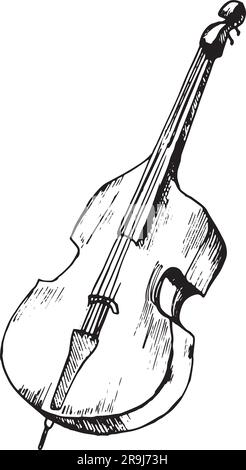Contrabass classical musical instrument vector illustration isolated. Double bass orchestra stringed instrument ink hand drawn. Black white element fo Stock Vector