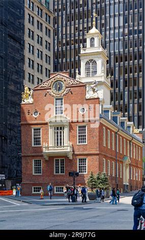 Old State House is the restored former seat of government for the City of Boston, Suffolk County, and Commonwealth of Massachusetts. Stock Photo