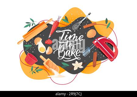 Time to bake banner, frame, label or poster design template. Hand drawn calligraphy lettering and bakery tools. Vector flat cartoon illustration. Cook Stock Vector