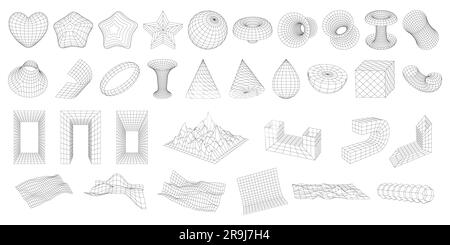 Set of wireframe 3D geometric shapes. Abstract figures, Distorted mesh grids. Mountains, Cone, distorted planes, arcs, black holes, globe. Graphic des Stock Vector