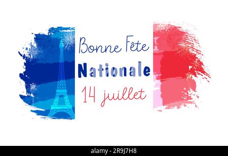 Creative flag logo with French inscription Bonne Fete Nationale - Happy National Day, July 14. T shirt graphic, gift design elements with brushing str Stock Vector