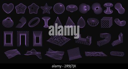 Set of wireframe 3D geometric shapes. Abstract figures, Distorted mesh grids. Mountains, Cone, distorted planes, arcs, cube, black hole, globe. Isolat Stock Vector