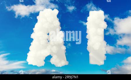 AI shape fluffy cloud on blue sky background. Artificial Intelligence Logo template. Futuristic modern smart technology, science, space. 3d render Stock Photo