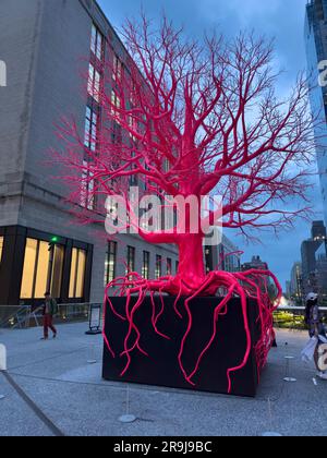 New York, New York, USA. 27th May, 2023. The 'Old Tree' sculpture by Swiss artist Pamela Rosenkranz is a pink and red 25-foot-tall sculpture comprised of manmade materials. It's meant to resemble the branching systems of the human organs, blood vessels and tissue in order to draw a connection between our own lives and the nature around us. on The High Line, in New York City, Saturday May 27, 2023. Credit: Jennifer Graylock/Alamy Live News Stock Photo