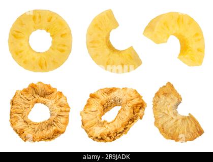 Pieces of pineapple on a white isolated background. Dried and ripe pineapples are cut into slices and rings. Pineapple isolate in different shapes. To Stock Photo