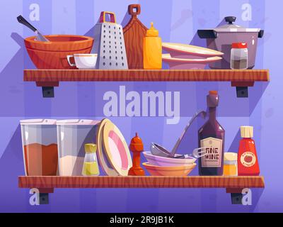 Cartoon kitchen shelf on wall with utensils and seasoning jars. Vector illustration of ketchup, mustard, pepper, salt bottles, plastic containers with coffee and sugar, grater, wooden board, cuttlery Stock Vector