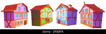 Old medieval germany town building vector set. European german city street house cartoon clipart collection. Bavaria landmark isometric exterior cityscape. Isolated timber victorian mansion png Stock Vector