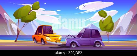 Car accident on road against mountain lake background. Vector cartoon illustration of two smashed autos standing on highway after bumper collision, oil stain on asphalt. Traffic rules violation Stock Vector