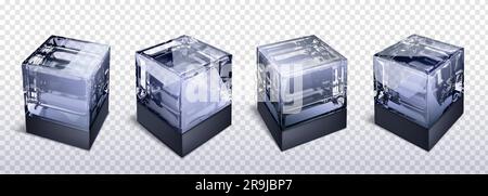 3d glass cube box vector isolated on transparent background. Crear black and white realistic geometric block with reflection. Glossy acrylic object design polygon set. Glassy futuristic art icon Stock Vector