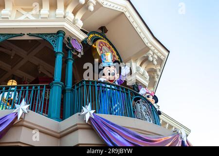 Paris, France - June 02, 2023: On the occasion of the 30th anniversary the most famous Disney characters greet tourists at the entrance. Stock Photo