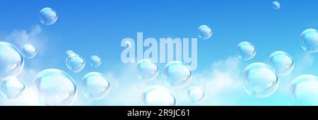 Realistic soap bubbles flying high in blue sky with fluffy white clouds. Vector illustration of transparent balls floating in air, laundry foam balls with glossy surface. Symbol of freedom, happiness Stock Vector