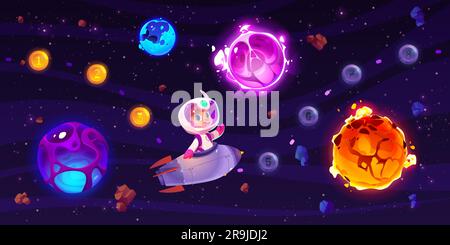 Level map with kid astronaut on rocket in space background illustration. progress bar with boy child character on spaceship explore outer cosmos ui screen for adventure arcade mobile game app. Stock Vector