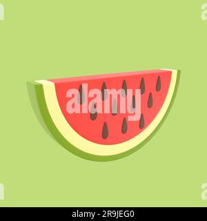 A cut off red watermelon slice with dark seeds on a green background in a half-turn. 3D rendering Stock Photo