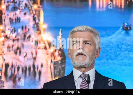 Prague, Czech Republic. 27th June, 2023. Czech President Petr Pavel speaks during the press briefing within his official visit to the capital, on June 27, 2023, in Prague, Czech Republic. Credit: Vit Simanek/CTK Photo/Alamy Live News Stock Photo