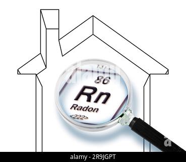 The danger of radon gas in our homes - concept image with periodic table of the elements and home silhouette seen through a magnifying glass. Stock Photo