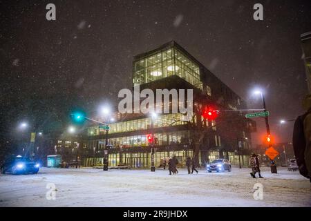 Halifax Central Library during a snow storm. Heavy blizzard in Nova Scotia. Modern business and Financial buildings. Halifax, Nova Scotia CANADA Stock Photo