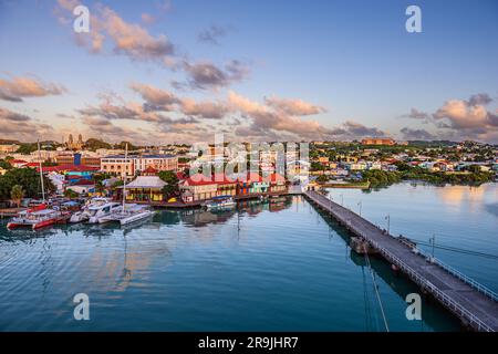 St. John's, Antigua overlooking Redcliffe Quay at dusk. Stock Photo