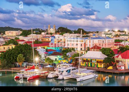 St. John's, Antigua overlooking Redcliffe Quay at dusk. Stock Photo