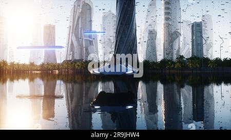 3d girl and flying electric car in futuristic city. Future concept. 3d rendering. Stock Photo