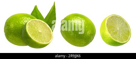 Lime set on a white isolated background. Lime slices with leaves from different sides close-up. Suitable for advertising banner or packaging label. Stock Photo