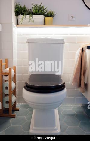 Modern bathroom design with ceramic hygiene toilet bowl and lid placed in corner of granite tiled floor and sanitary papers and towel near wall Stock Photo