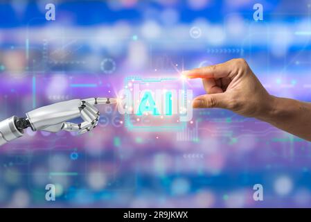 Robot touching artificial intelligence AI with businessman on background. innovation futuristic modern cyber technology. Stock Photo